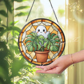 Ghost Monstera Stained Glass Suncatcher, Round Cute Plant Window Panel with Terracotta Pot, Whimsical Halloween Glass Art Home Decor Gift